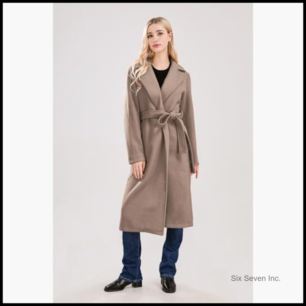 Long Wool Pea Coat with Notched Collar and Belt, Woolen Blend Trench - Picture 2 of 7